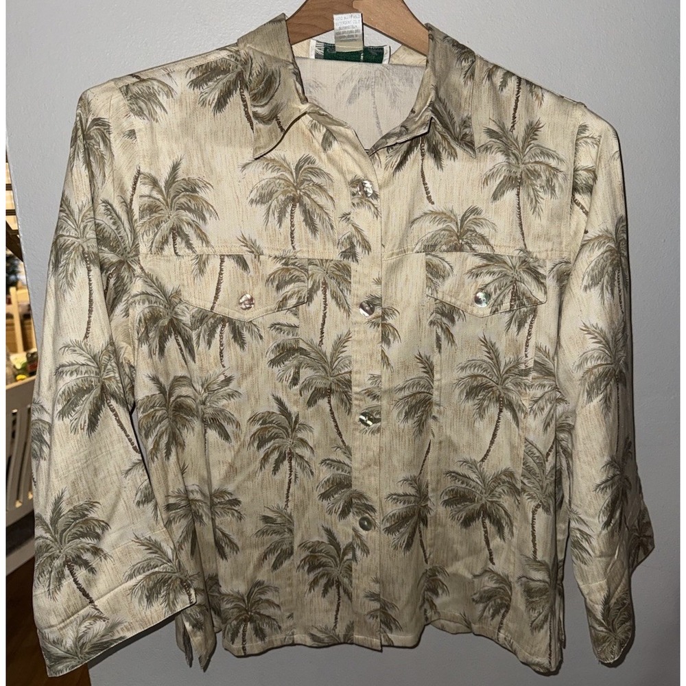 Pineapple Moon Silk Hawaiian Shirt‎ L Tropical Floral Palm Tree Beige Tan